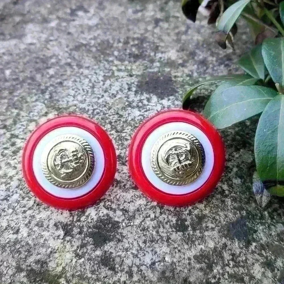 Vintage anchor  earrings red white gold colors - Picture 11 of 13